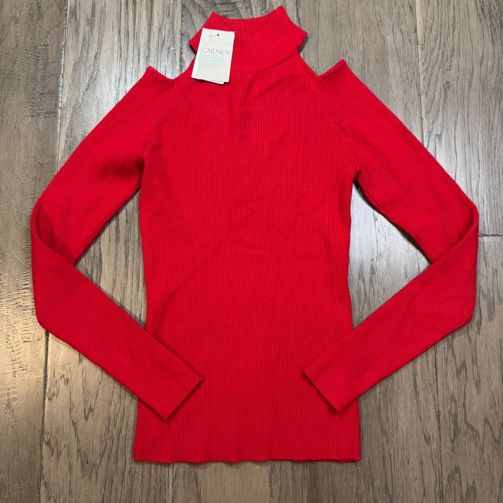 NWT Carmen Marc Valvo Red Cold‎ Shoulder Mock Neck Ribbed Knit Sweater Size S